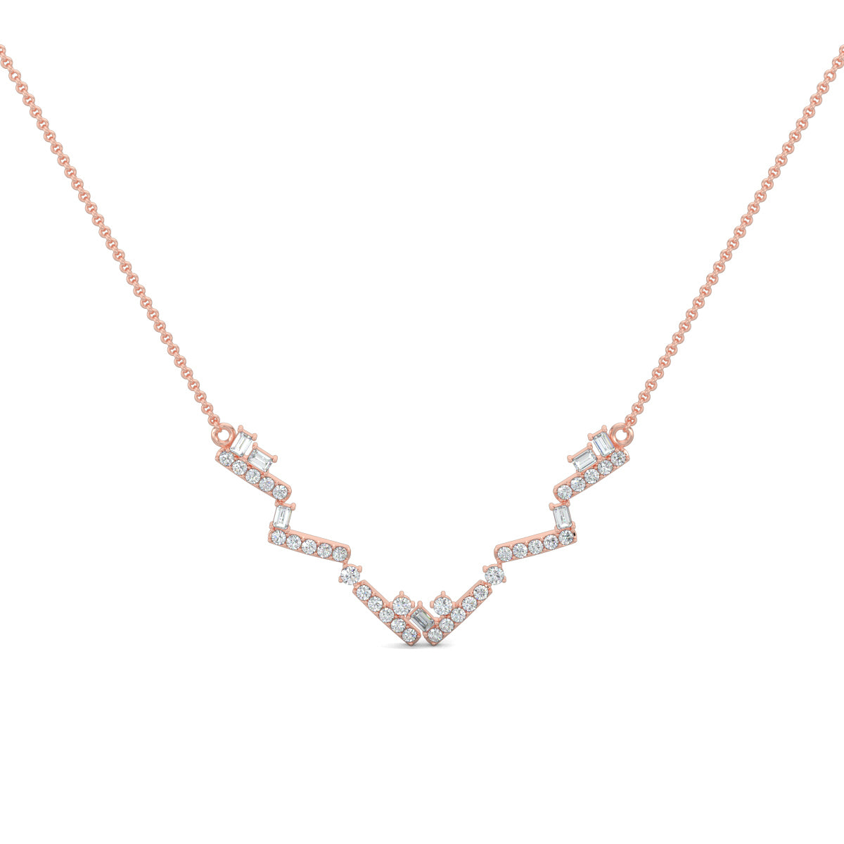 Rose Gold, Diamond Pendants, natural diamonds, lab-grown diamonds, zigzag pendant, pave setting, round diamonds, baguette cut stones, contemporary jewelry, casual pendant