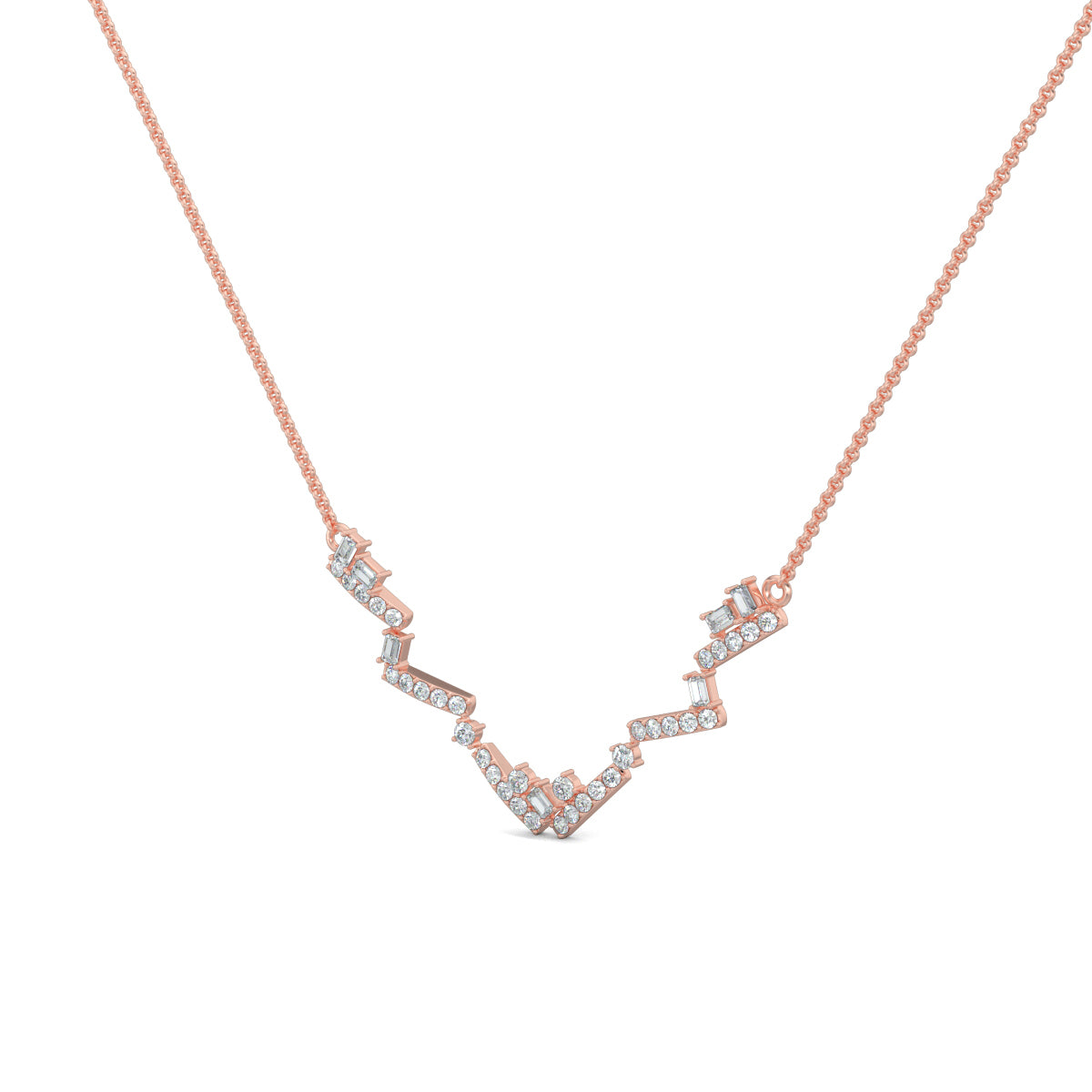 Rose Gold, Diamond Pendants, natural diamonds, lab-grown diamonds, zigzag pendant, pave setting, round diamonds, baguette cut stones, contemporary jewelry, casual pendant