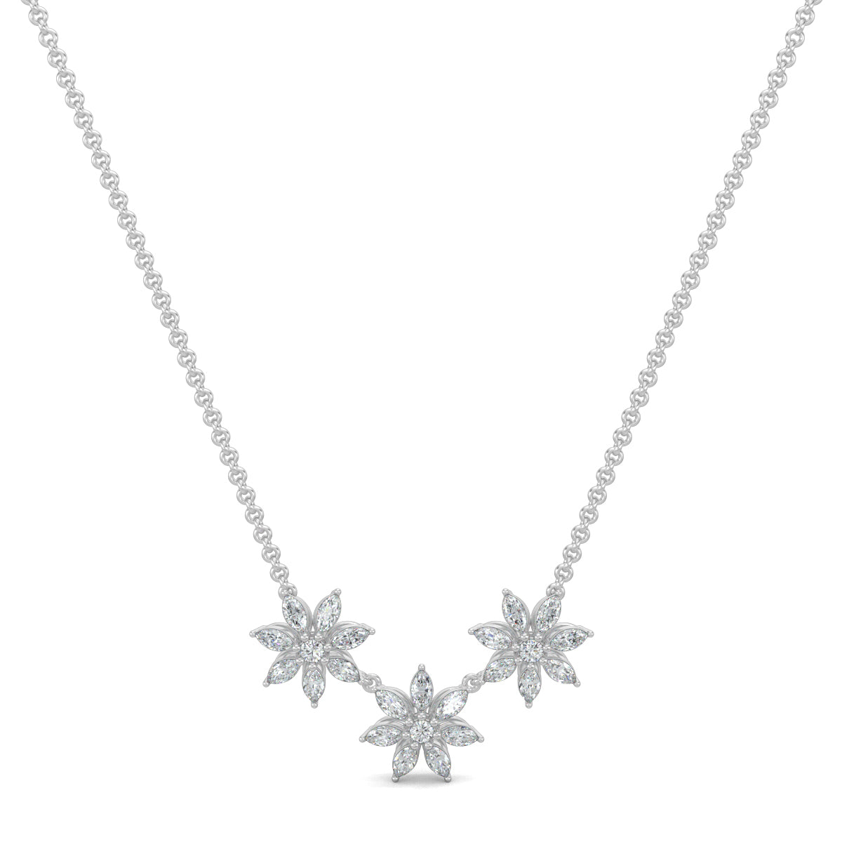 White Gold, Diamond Pendant, Natural diamond pendant, Lab-grown diamond pendant, TriFloral pendant, Marquise diamond pendant, Round diamond center, Casual pendant, Flower pendant, Delicate jewelry, Elegant pendant