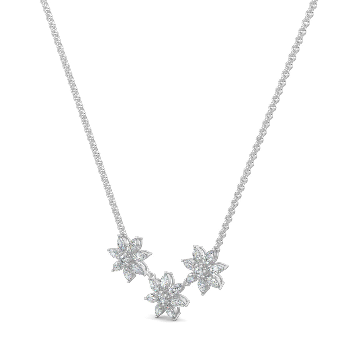 White Gold, Diamond Pendant, Natural diamond pendant, Lab-grown diamond pendant, TriFloral pendant, Marquise diamond pendant, Round diamond center, Casual pendant, Flower pendant, Delicate jewelry, Elegant pendant