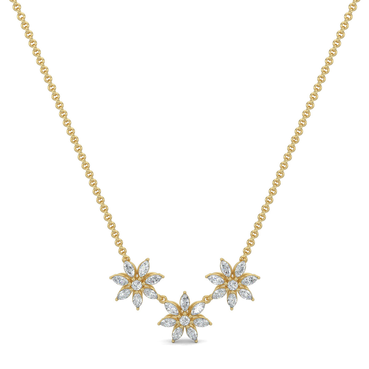 Yellow Gold, Diamond Pendant, Natural diamond pendant, Lab-grown diamond pendant, TriFloral pendant, Marquise diamond pendant, Round diamond center, Casual pendant, Flower pendant, Delicate jewelry, Elegant pendant