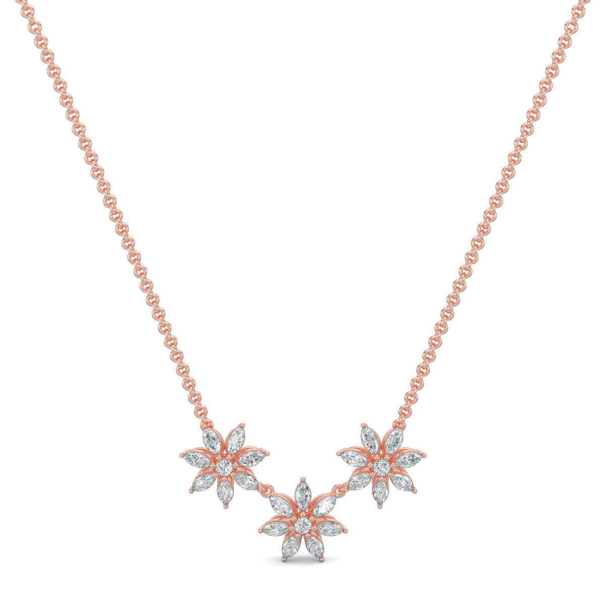 Rose Gold, Diamond Pendant, Natural diamond pendant, Lab-grown diamond pendant, TriFloral pendant, Marquise diamond pendant, Round diamond center, Casual pendant, Flower pendant, Delicate jewelry, Elegant pendant