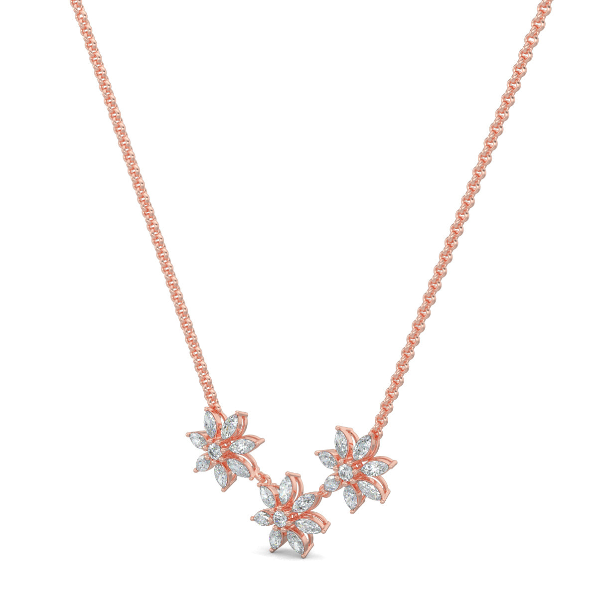 Rose Gold, Diamond Pendant, Natural diamond pendant, Lab-grown diamond pendant, TriFloral pendant, Marquise diamond pendant, Round diamond center, Casual pendant, Flower pendant, Delicate jewelry, Elegant pendant