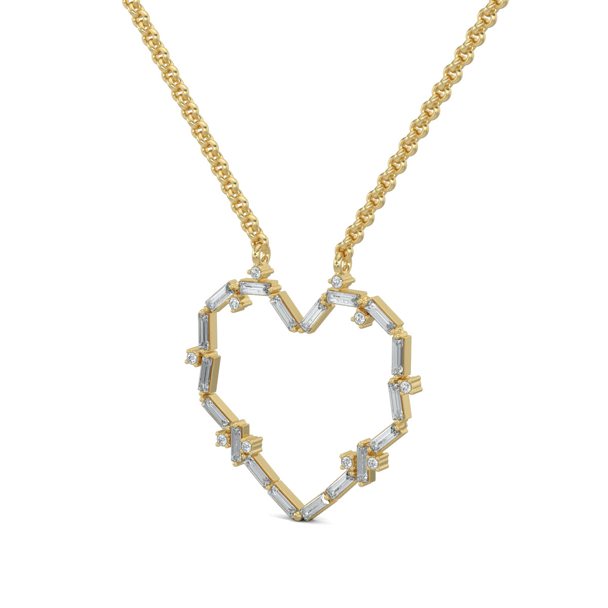 Yellow Gold, Diamond Pendant, Ethereal Love Pendant, Lab-grown diamonds, heart-shaped pendant, baguette diamonds, round diamonds, casual jewelry