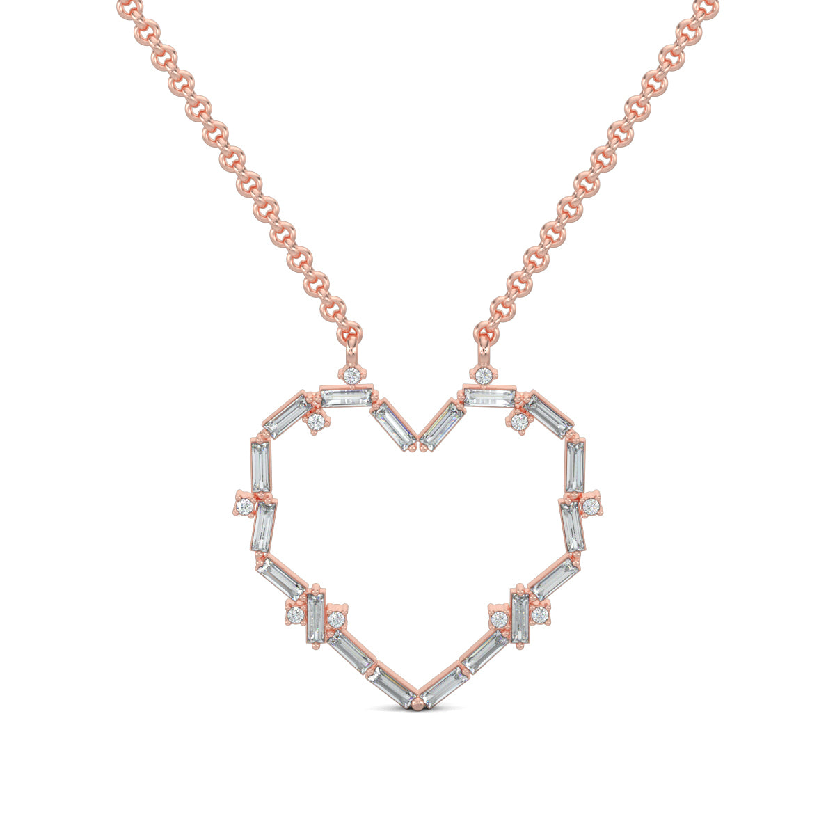 Rose Gold, Diamond Pendant, Ethereal Love Pendant, Lab-grown diamonds, heart-shaped pendant, baguette diamonds, round diamonds, casual jewelry