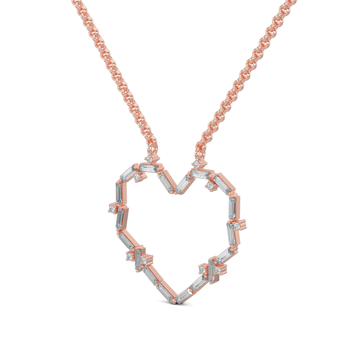 Rose Gold, Diamond Pendant, Ethereal Love Pendant, Lab-grown diamonds, heart-shaped pendant, baguette diamonds, round diamonds, casual jewelry