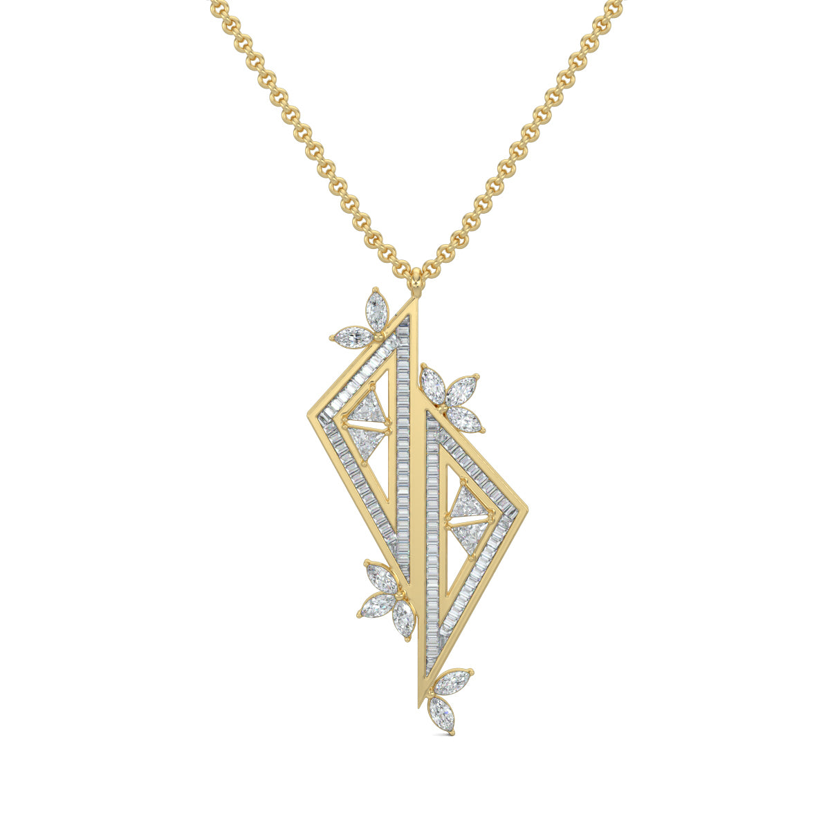 Yellow Gold, Diamond pendant, Natural diamonds, Lab-grown diamonds, Baguette channelling, Trillion diamonds, Marquise diamonds, Casual pendant