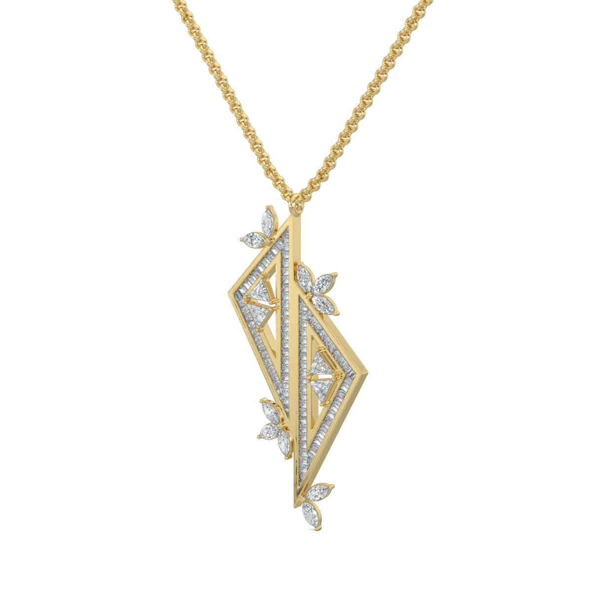Yellow Gold, Diamond pendant, Natural diamonds, Lab-grown diamonds, Baguette channelling, Trillion diamonds, Marquise diamonds, Casual pendant