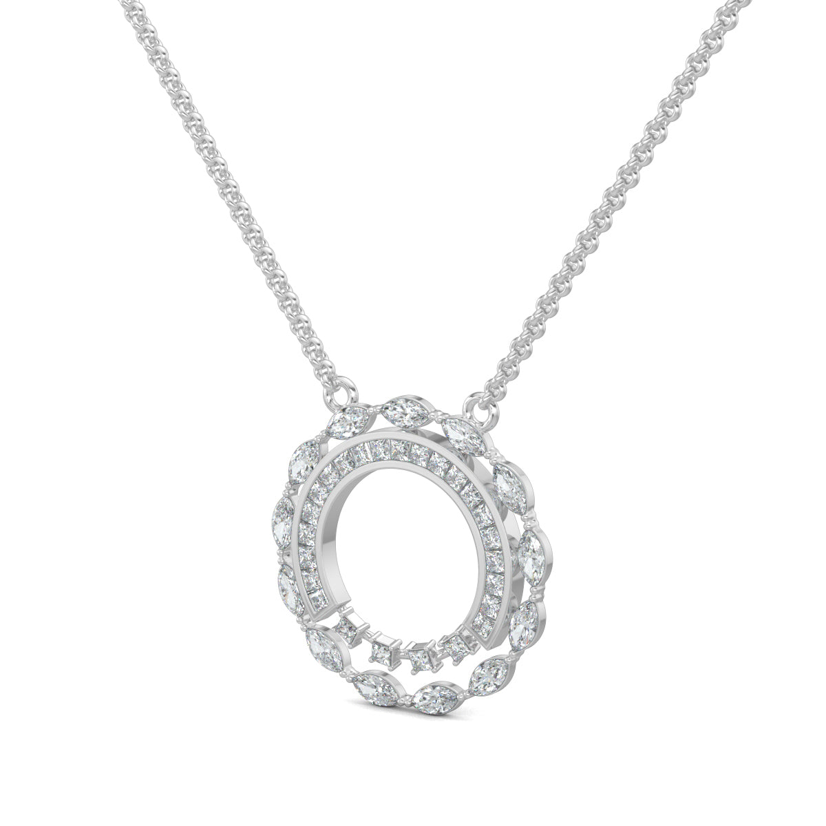 White Gold, Diamond Pendant, Orbiting Diamond, Celestial Pendant, Natural Diamonds, Lab-Grown Diamonds, Marquise Diamonds, Baguette Channeling, Princess Cut Diamonds, Elegant Pendant, Formal Jewelry, Sustainable Jewelry
