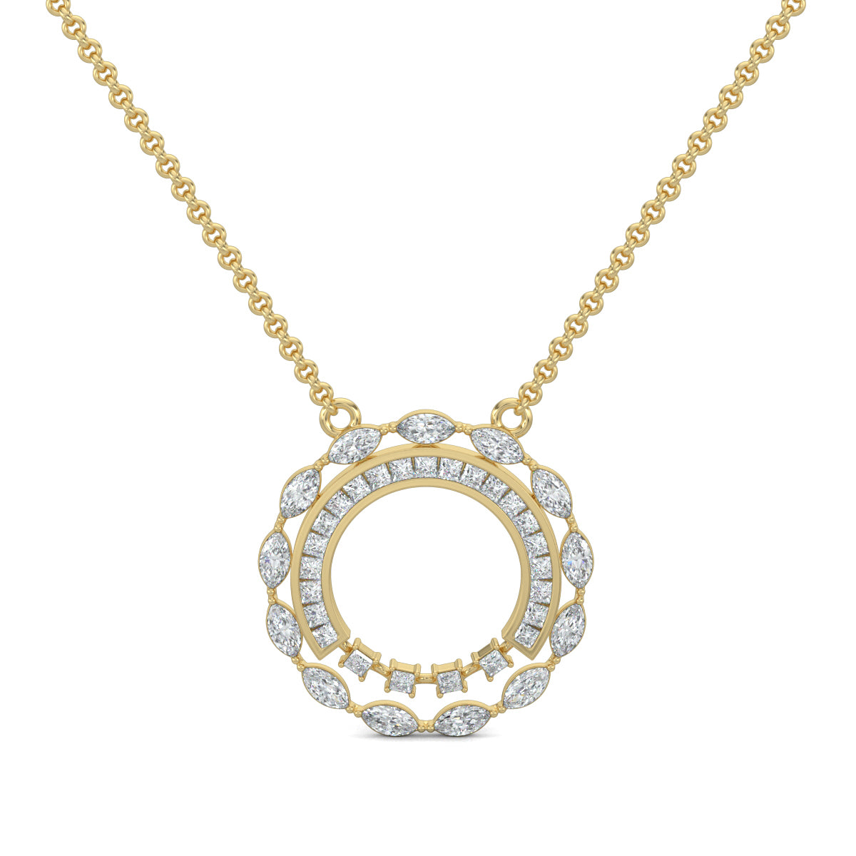 Yellow Gold, Diamond Pendant, Orbiting Diamond, Celestial Pendant, Natural Diamonds, Lab-Grown Diamonds, Marquise Diamonds, Baguette Channeling, Princess Cut Diamonds, Elegant Pendant, Formal Jewelry, Sustainable Jewelry