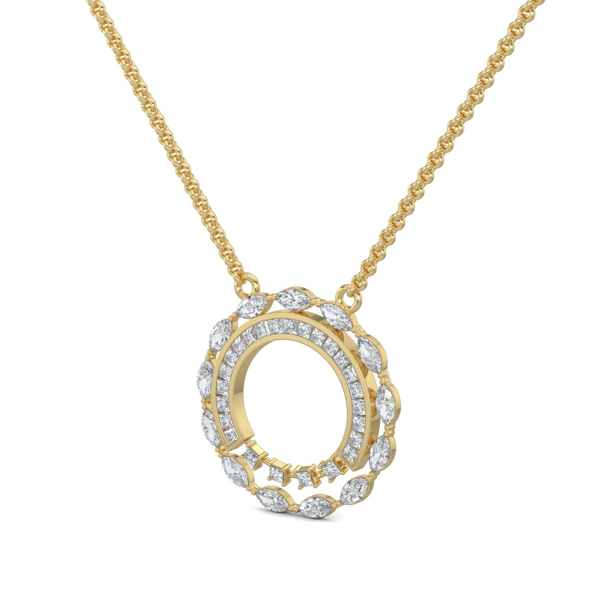 Yellow Gold, Diamond Pendant, Orbiting Diamond, Celestial Pendant, Natural Diamonds, Lab-Grown Diamonds, Marquise Diamonds, Baguette Channeling, Princess Cut Diamonds, Elegant Pendant, Formal Jewelry, Sustainable Jewelry