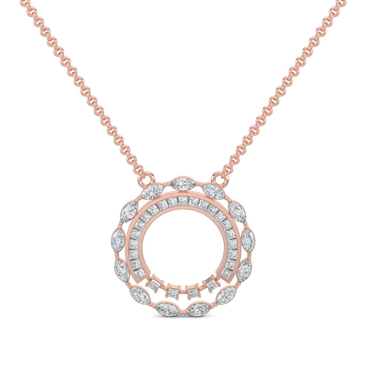 Rose Gold, Diamond Pendant, Orbiting Diamond, Celestial Pendant, Natural Diamonds, Lab-Grown Diamonds, Marquise Diamonds, Baguette Channeling, Princess Cut Diamonds, Elegant Pendant, Formal Jewelry, Sustainable Jewelry