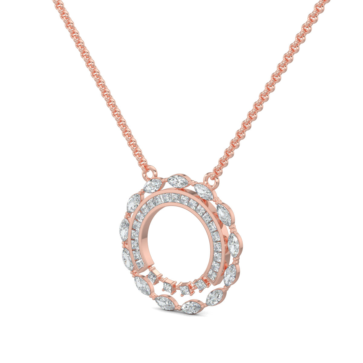Rose Gold, Diamond Pendant, Orbiting Diamond, Celestial Pendant, Natural Diamonds, Lab-Grown Diamonds, Marquise Diamonds, Baguette Channeling, Princess Cut Diamonds, Elegant Pendant, Formal Jewelry, Sustainable Jewelry