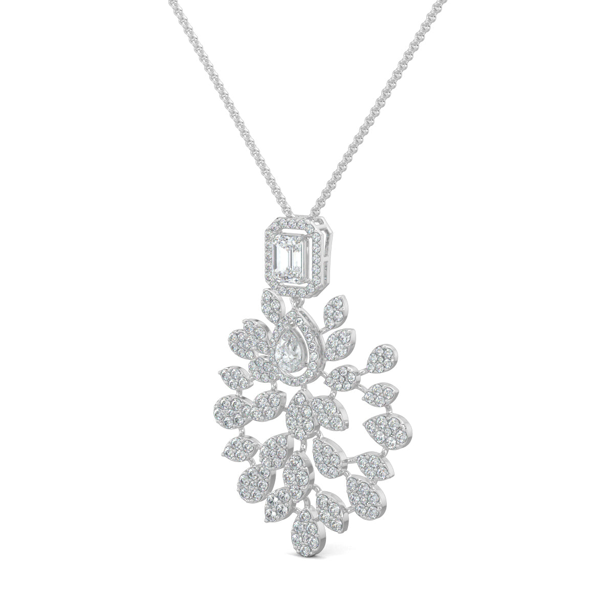 White Gold, Diamond Pendants, Serene elegance diamond pendant, natural diamond, lab-grown diamond, traditional-inspired jewelry, emerald-cut diamond, pear-shaped diamond, kadi work, pave setting, sparkling diamonds, elegant pendant