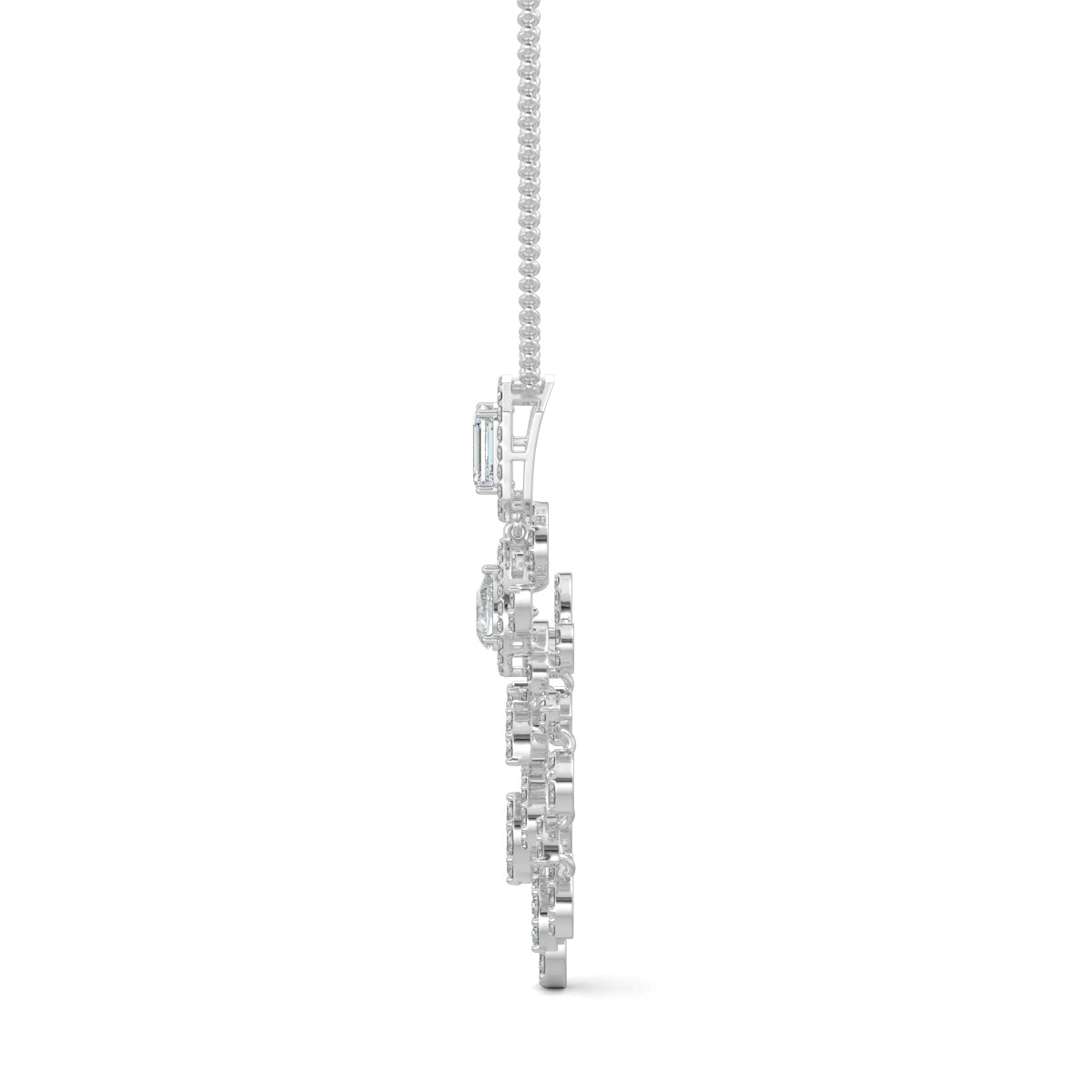 White Gold, Diamond Pendants, Serene elegance diamond pendant, natural diamond, lab-grown diamond, traditional-inspired jewelry, emerald-cut diamond, pear-shaped diamond, kadi work, pave setting, sparkling diamonds, elegant pendant