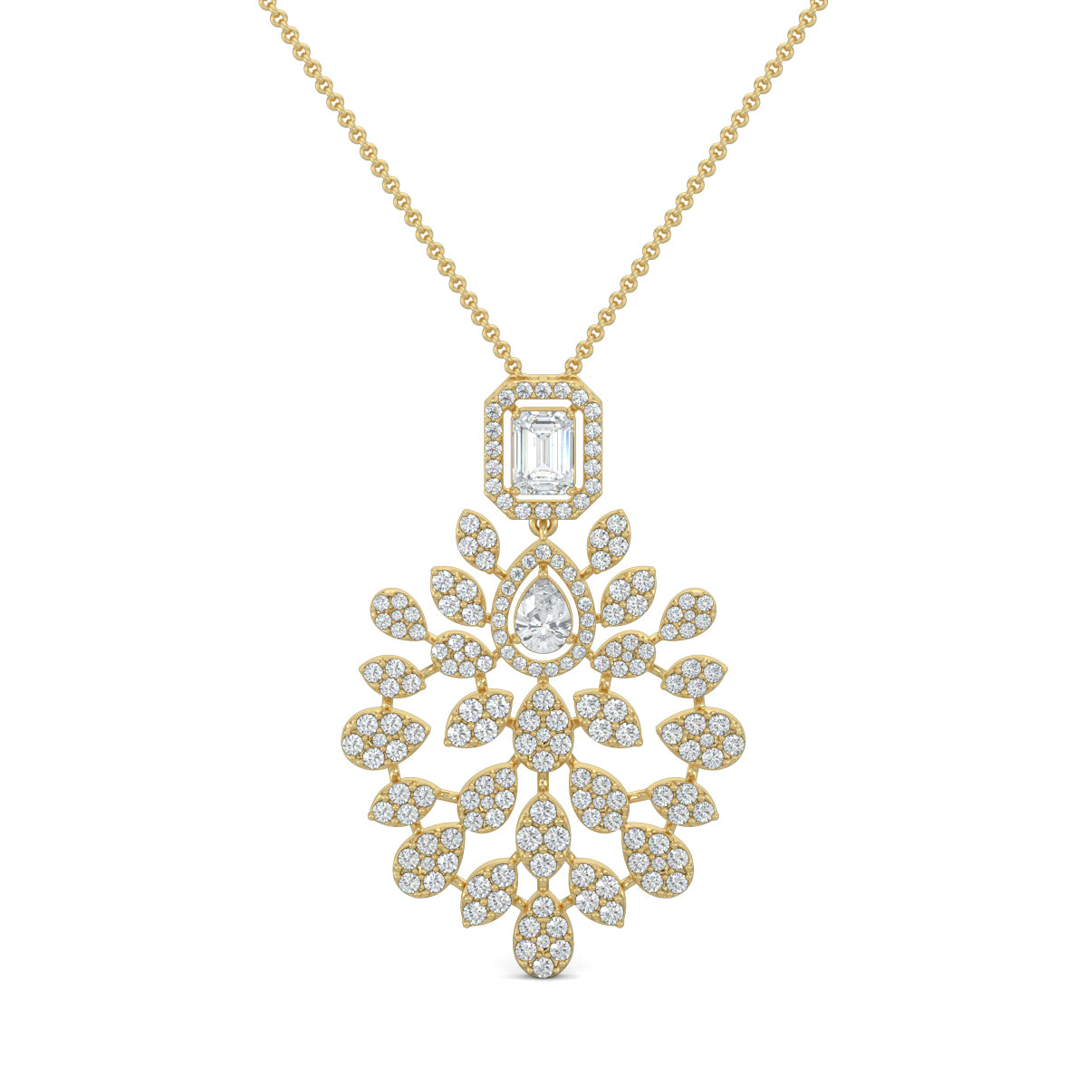 Yellow Gold, Diamond Pendants, Serene elegance diamond pendant, natural diamond, lab-grown diamond, traditional-inspired jewelry, emerald-cut diamond, pear-shaped diamond, kadi work, pave setting, sparkling diamonds, elegant pendant