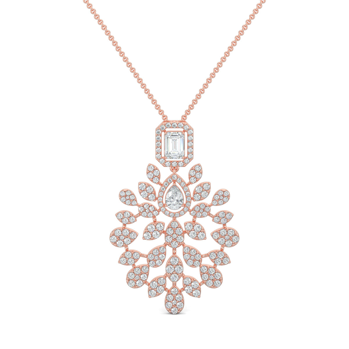 Rose Gold, Diamond Pendants, Serene elegance diamond pendant, natural diamond, lab-grown diamond, traditional-inspired jewelry, emerald-cut diamond, pear-shaped diamond, kadi work, pave setting, sparkling diamonds, elegant pendant