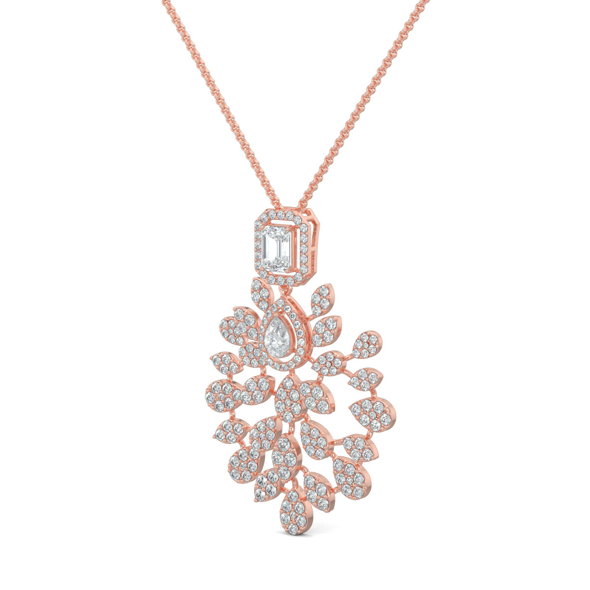Rose Gold, Diamond Pendants, Serene elegance diamond pendant, natural diamond, lab-grown diamond, traditional-inspired jewelry, emerald-cut diamond, pear-shaped diamond, kadi work, pave setting, sparkling diamonds, elegant pendant