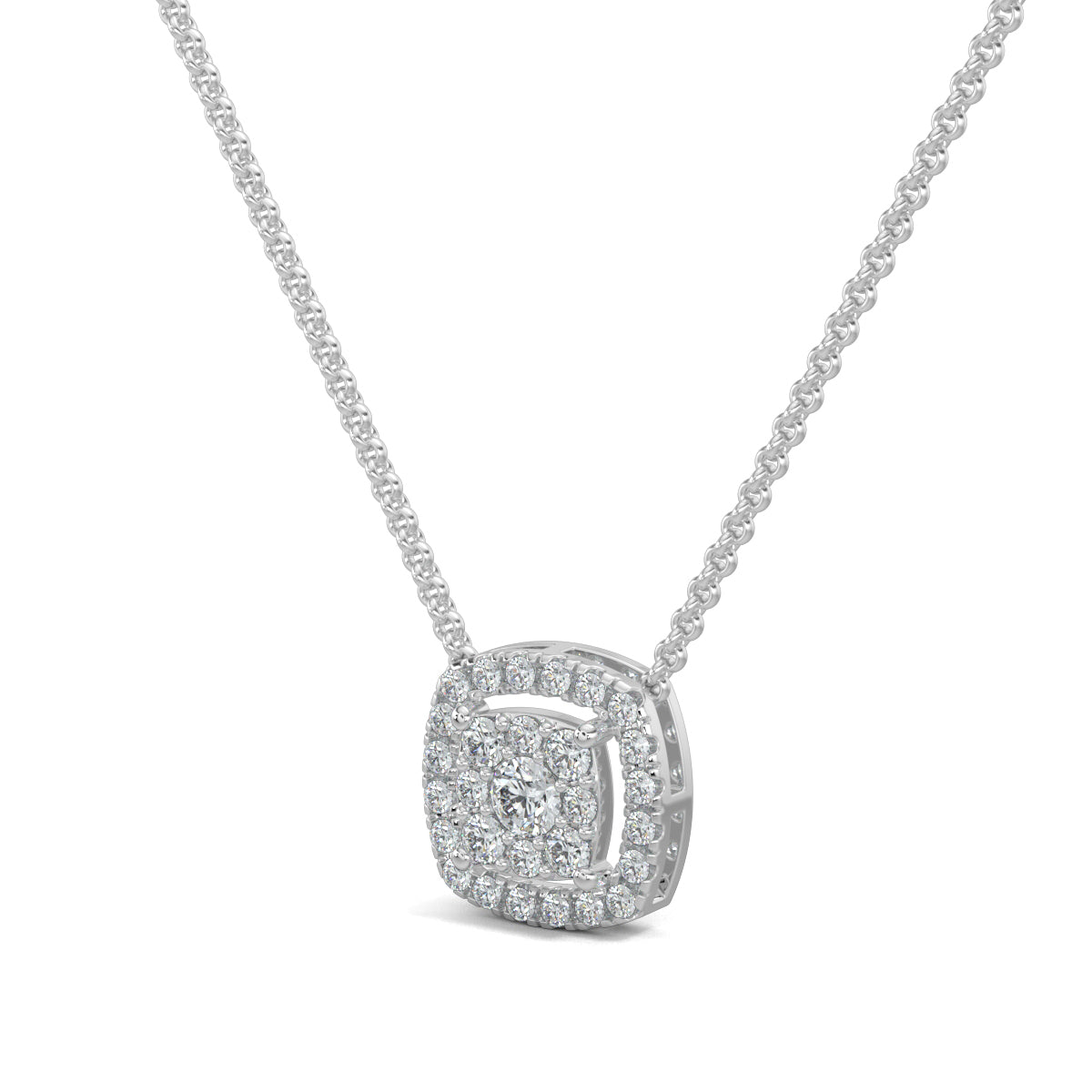 White Gold, Diamond Pendants, Square glimmer pendant, natural diamonds, lab-grown diamonds, halo setting, square pendant, pave diamonds, elegant jewelry