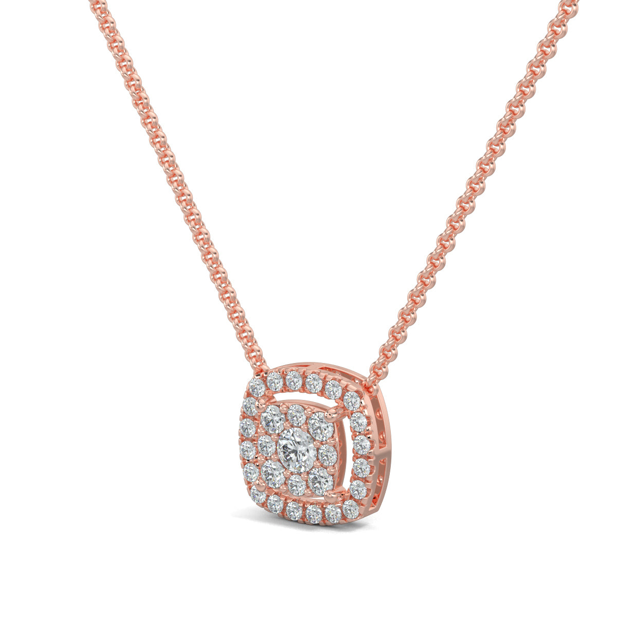 Rose Gold, Diamond Pendants, Square glimmer pendant, natural diamonds, lab-grown diamonds, halo setting, square pendant, pave diamonds, elegant jewelry