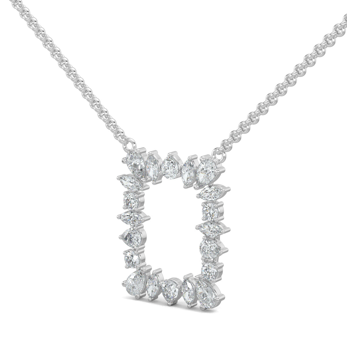 White Gold, Diamond Pendants, Natural diamond pendant, Lab-grown diamond pendant, casual pendant, rectangle metal pendant, marquise diamonds, pear diamonds, round diamonds, elegant jewelry, sustainable luxury, everyday sparkle.