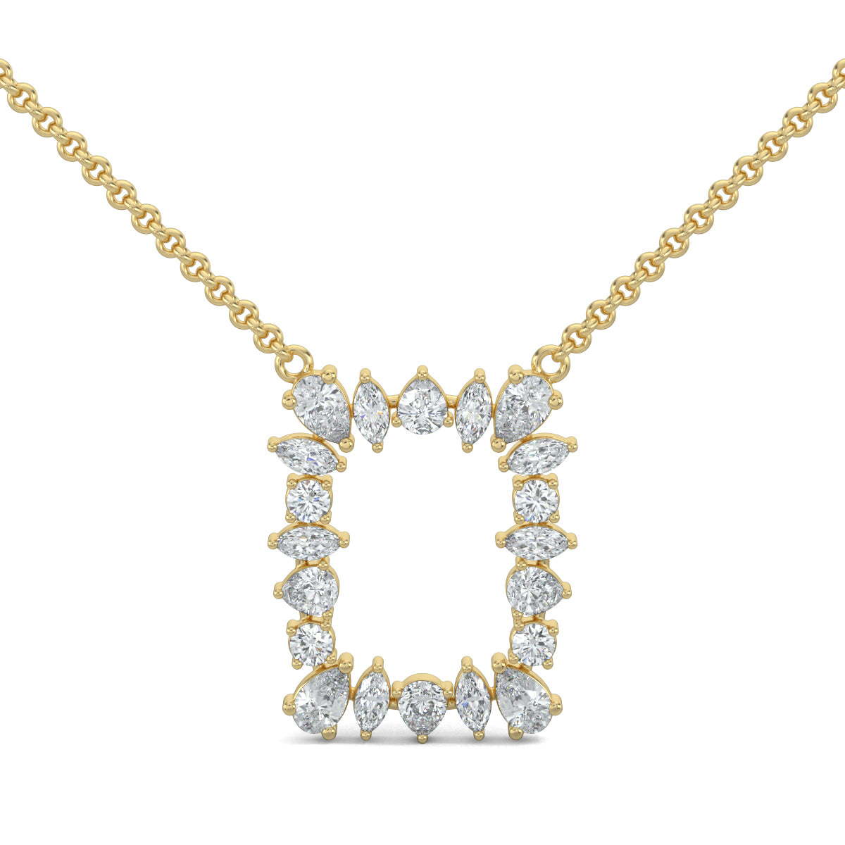 Yellow Gold, Diamond Pendants, Natural diamond pendant, Lab-grown diamond pendant, casual pendant, rectangle metal pendant, marquise diamonds, pear diamonds, round diamonds, elegant jewelry, sustainable luxury, everyday sparkle.