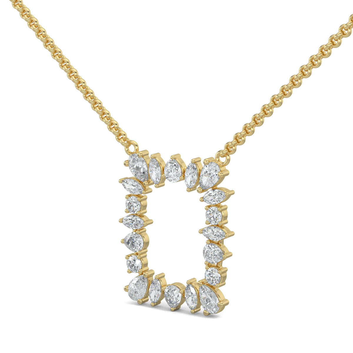 Yellow Gold, Diamond Pendants, Natural diamond pendant, Lab-grown diamond pendant, casual pendant, rectangle metal pendant, marquise diamonds, pear diamonds, round diamonds, elegant jewelry, sustainable luxury, everyday sparkle.