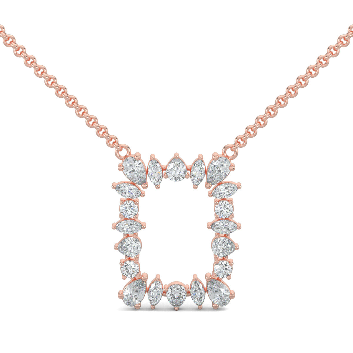 Rose Gold, Diamond Pendants, Natural diamond pendant, Lab-grown diamond pendant, casual pendant, rectangle metal pendant, marquise diamonds, pear diamonds, round diamonds, elegant jewelry, sustainable luxury, everyday sparkle.