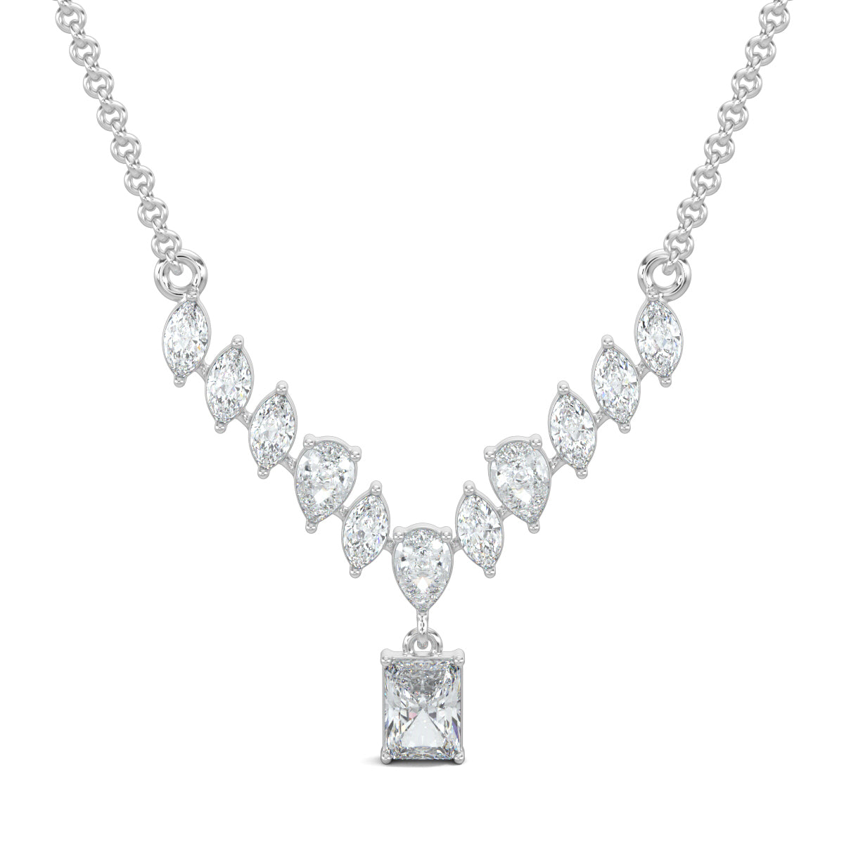White Gold, Diamond Pendants, natural diamond pendant, lab-grown diamond pendant, elegant diamond pendant, mid-length pendant, marquise diamond pendant, pear diamond pendant, radiant-cut diamond pendant, kadi work pendant