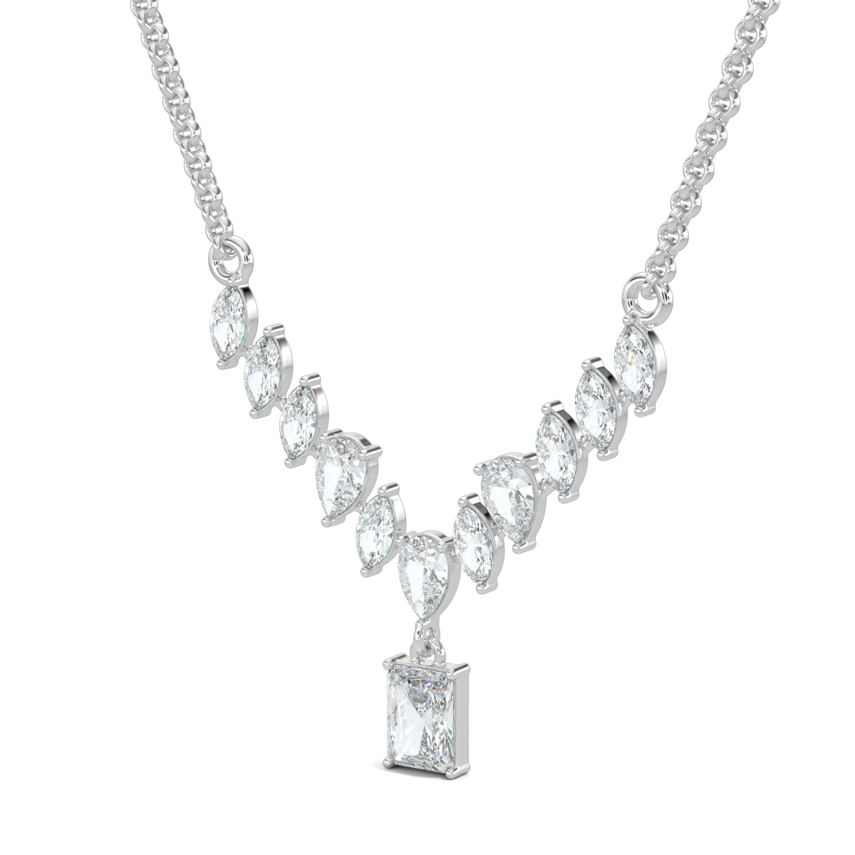 White Gold, Diamond Pendants, natural diamond pendant, lab-grown diamond pendant, elegant diamond pendant, mid-length pendant, marquise diamond pendant, pear diamond pendant, radiant-cut diamond pendant, kadi work pendant