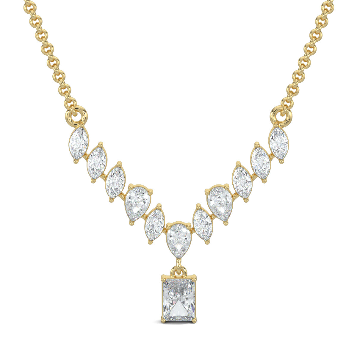 Yellow Gold, Diamond Pendants, natural diamond pendant, lab-grown diamond pendant, elegant diamond pendant, mid-length pendant, marquise diamond pendant, pear diamond pendant, radiant-cut diamond pendant, kadi work pendant