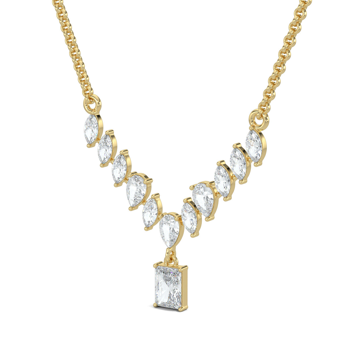 Yellow Gold, Diamond Pendants, natural diamond pendant, lab-grown diamond pendant, elegant diamond pendant, mid-length pendant, marquise diamond pendant, pear diamond pendant, radiant-cut diamond pendant, kadi work pendant