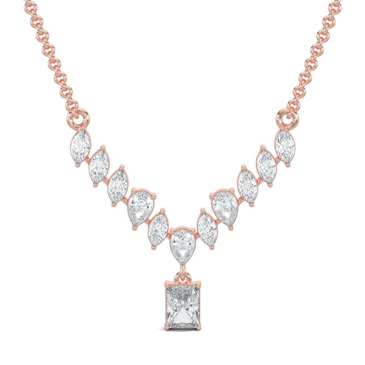 Rose Gold, Diamond Pendants, natural diamond pendant, lab-grown diamond pendant, elegant diamond pendant, mid-length pendant, marquise diamond pendant, pear diamond pendant, radiant-cut diamond pendant, kadi work pendant
