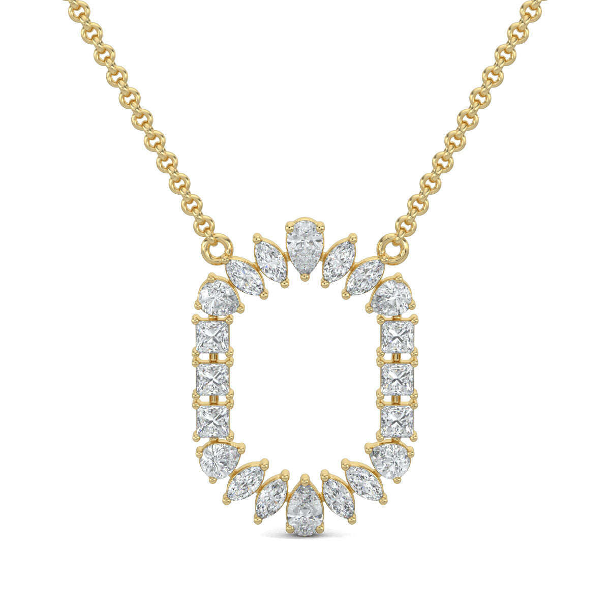 Yellow Gold, Diamond Pendants, Natura diamond pendant, Lab-grown diamond pendant, gilded metal pendant, marquise cut diamonds, pear cut diamonds, princess cut diamonds, opulent jewelry, luxury pendant, timeless elegance.