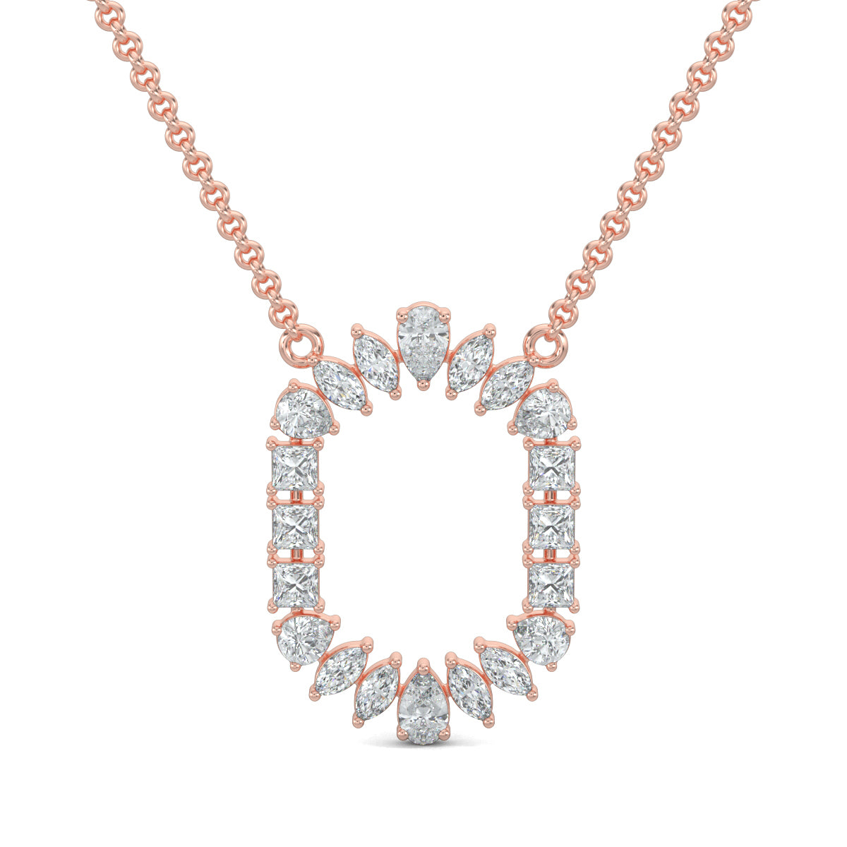 Rose Gold, Diamond Pendants, Natura diamond pendant, Lab-grown diamond pendant, gilded metal pendant, marquise cut diamonds, pear cut diamonds, princess cut diamonds, opulent jewelry, luxury pendant, timeless elegance.