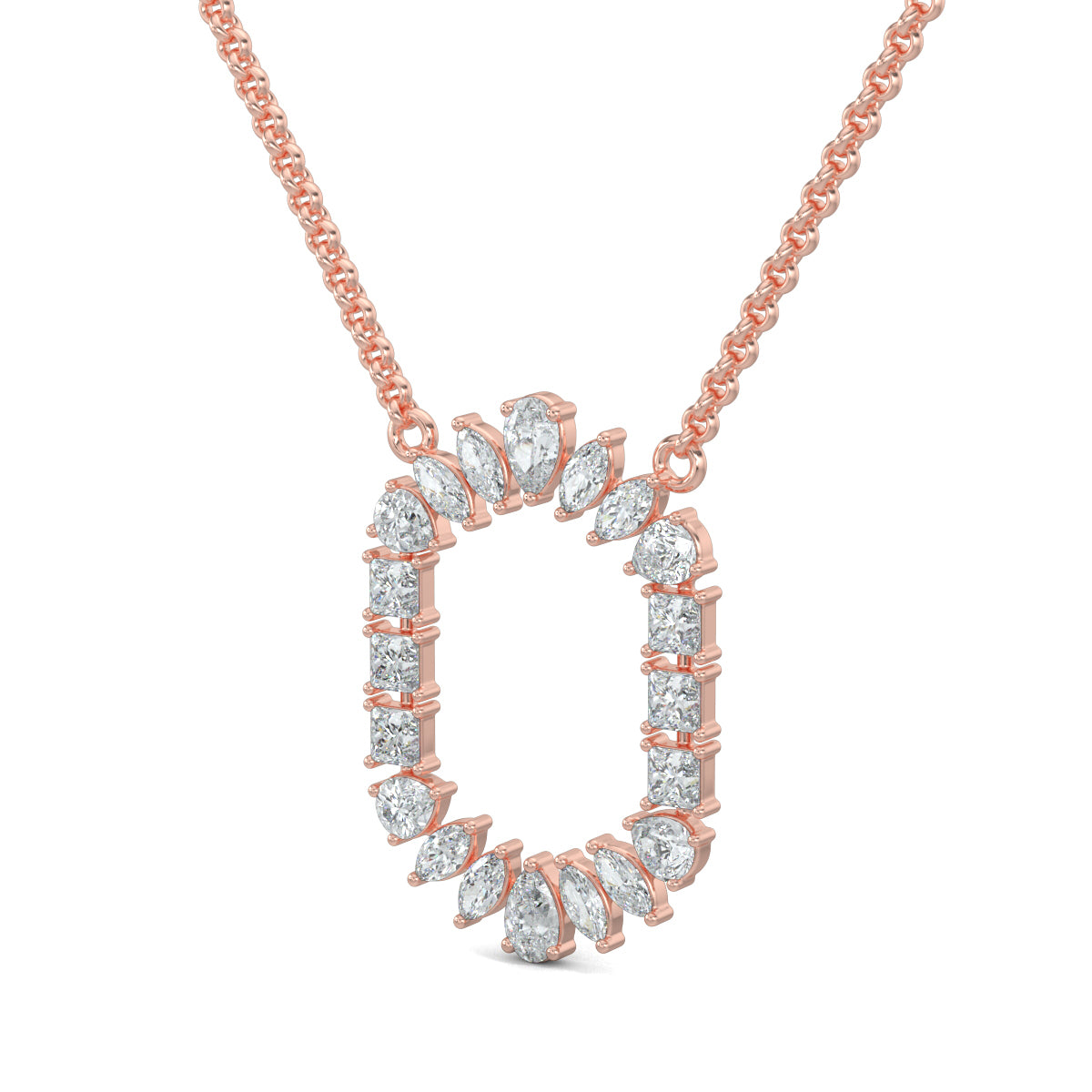 Rose Gold, Diamond Pendants, Natura diamond pendant, Lab-grown diamond pendant, gilded metal pendant, marquise cut diamonds, pear cut diamonds, princess cut diamonds, opulent jewelry, luxury pendant, timeless elegance.