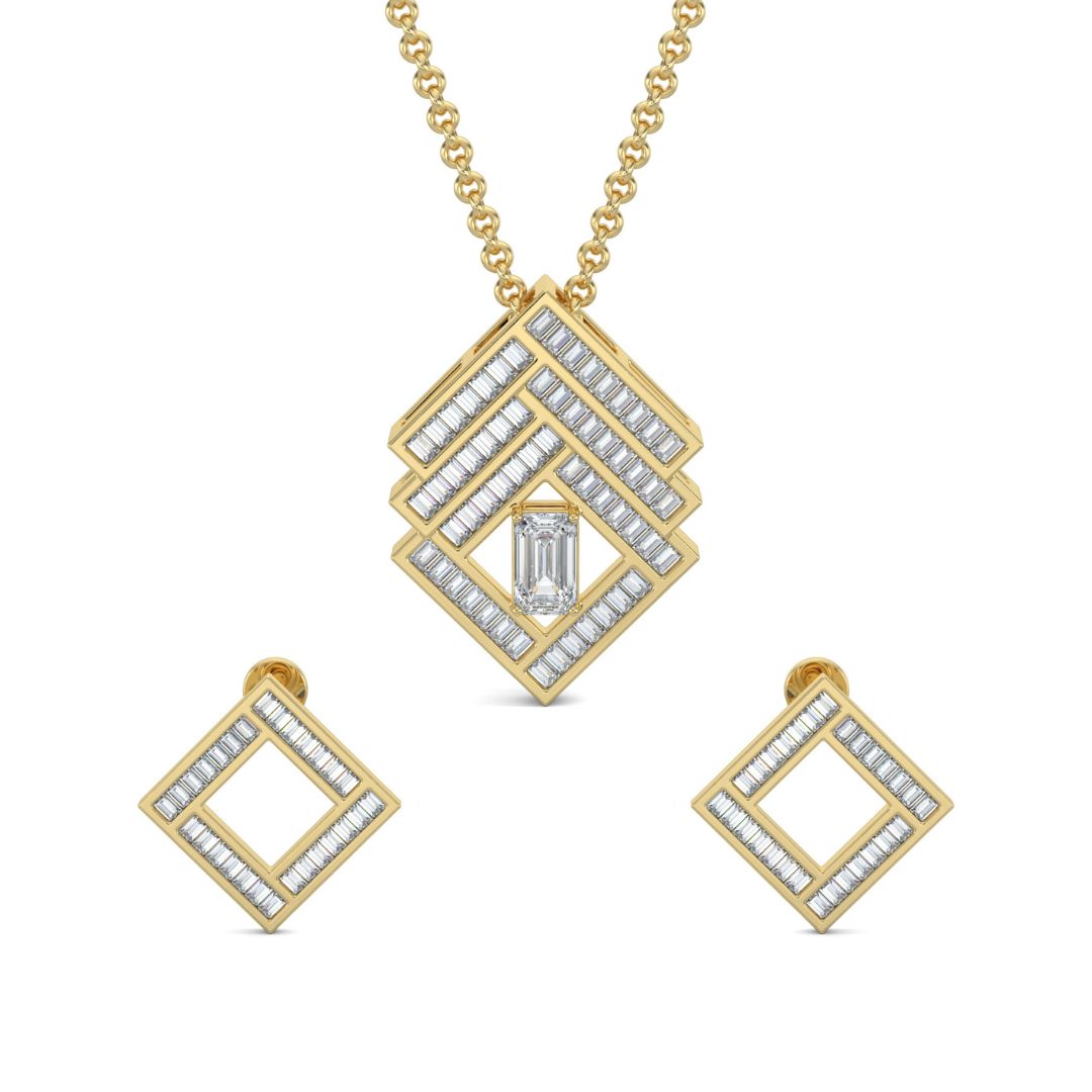 Yellow Gold, Diamond Pendant, Natural Diamonds, Lab-grown Diamonds, Brilliant cube pendant set, emerald cut diamond pendant, baguette diamond border, casual pendant set, diamond earrings