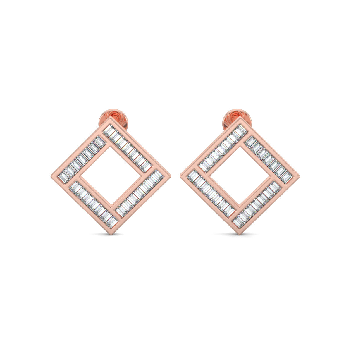 Rose Gold, Diamond Pendant, Natural Diamonds, Lab-grown Diamonds, Brilliant cube pendant set, emerald cut diamond pendant, baguette diamond border, casual pendant set, diamond earrings