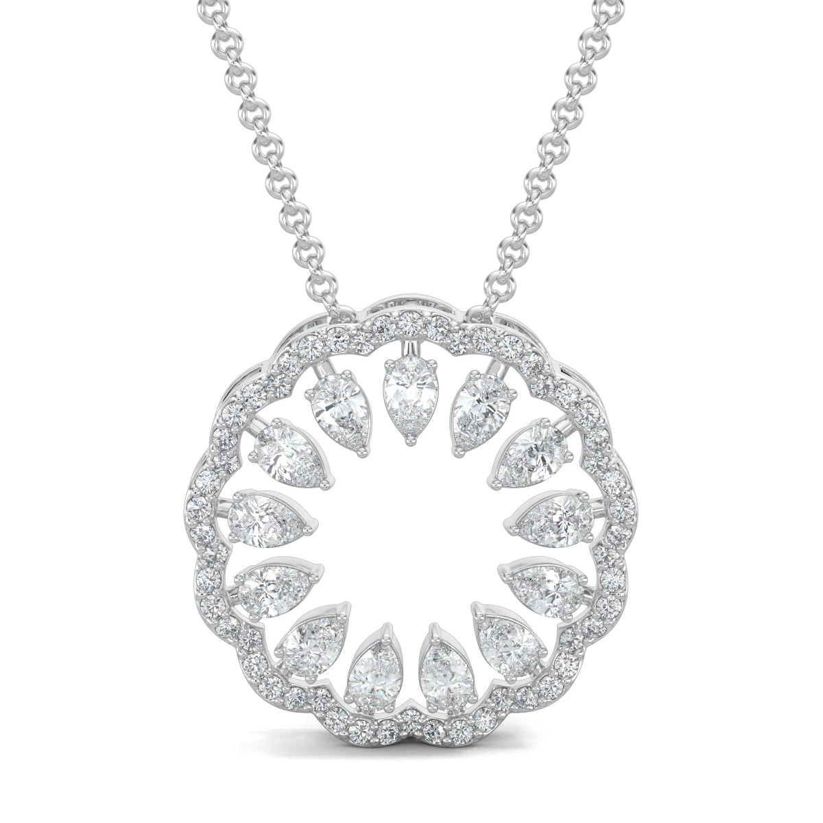 White Gold, Diamond Pendant, Natural Diamonds, Lab-grown Diamonds, blossom pendant set, flower pendant set, casual jewelry, round diamond border, pear diamond center, stud earrings, elegant jewelry set