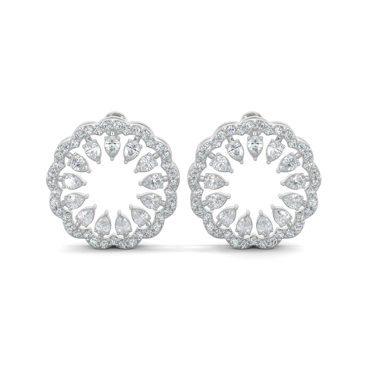 White Gold, Diamond Pendant, Natural Diamonds, Lab-grown Diamonds, blossom pendant set, flower pendant set, casual jewelry, round diamond border, pear diamond center, stud earrings, elegant jewelry set