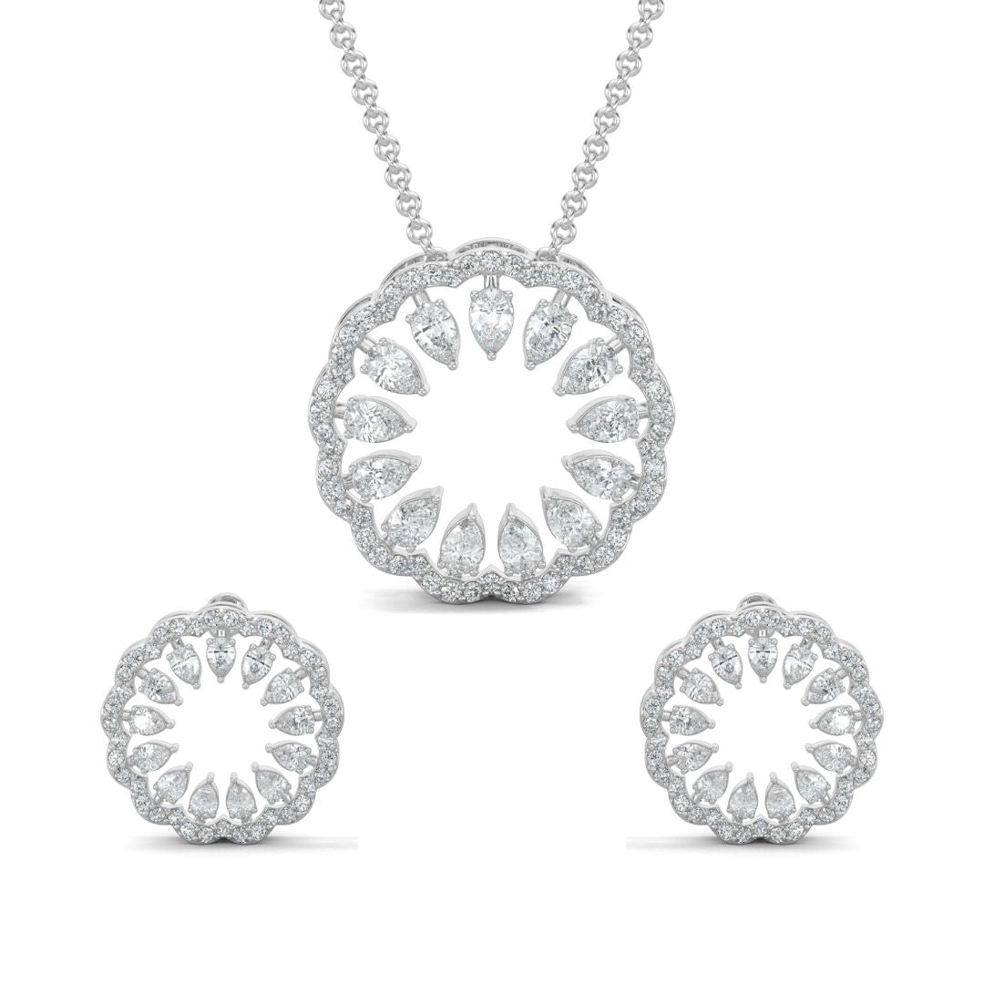 White Gold, Diamond Pendant, Natural Diamonds, Lab-grown Diamonds, blossom pendant set, flower pendant set, casual jewelry, round diamond border, pear diamond center, stud earrings, elegant jewelry set