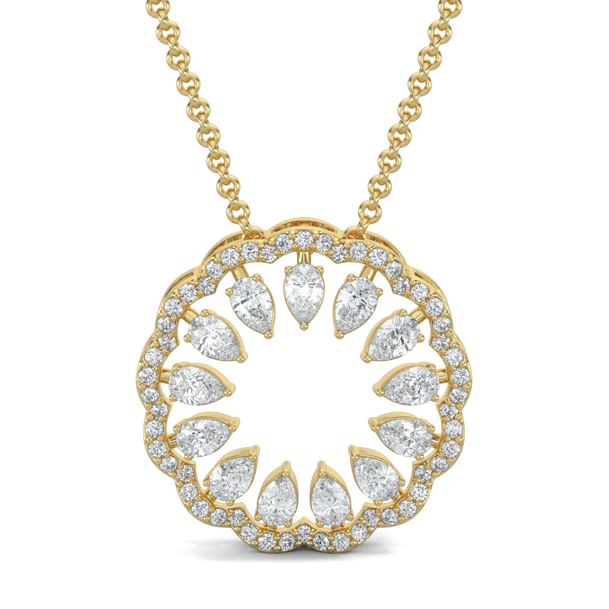 Yellow Gold, Diamond Pendant, Natural Diamonds, Lab-grown Diamonds, blossom pendant set, flower pendant set, casual jewelry, round diamond border, pear diamond center, stud earrings, elegant jewelry set