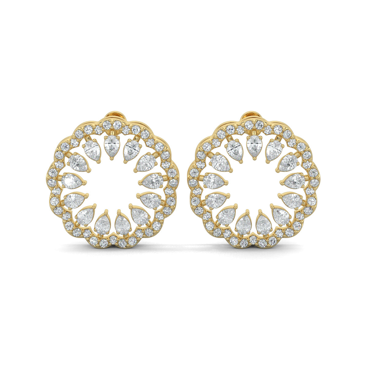 Yellow Gold, Diamond Pendant, Natural Diamonds, Lab-grown Diamonds, blossom pendant set, flower pendant set, casual jewelry, round diamond border, pear diamond center, stud earrings, elegant jewelry set