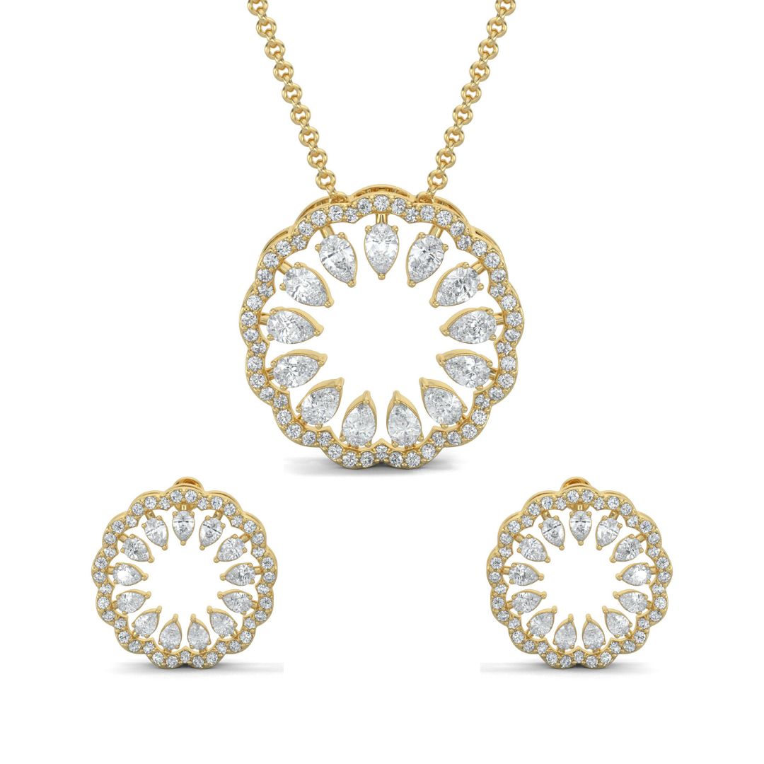 Yellow Gold, Diamond Pendant, Natural Diamonds, Lab-grown Diamonds, blossom pendant set, flower pendant set, casual jewelry, round diamond border, pear diamond center, stud earrings, elegant jewelry set