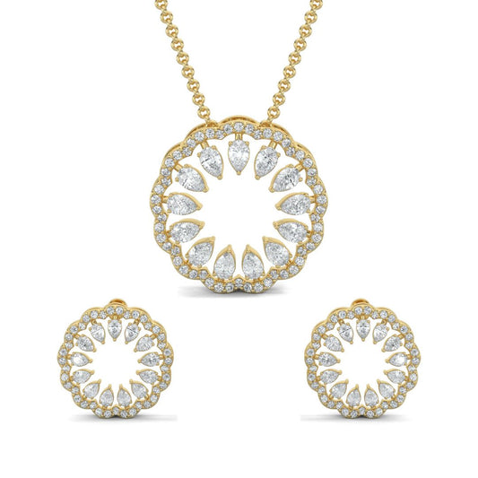 Yellow Gold, Diamond Pendant, Natural Diamonds, Lab-grown Diamonds, blossom pendant set, flower pendant set, casual jewelry, round diamond border, pear diamond center, stud earrings, elegant jewelry set