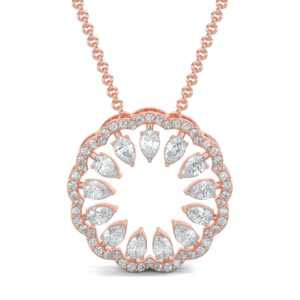 Rose Gold, Diamond Pendant, Natural Diamonds, Lab-grown Diamonds, blossom pendant set, flower pendant set, casual jewelry, round diamond border, pear diamond center, stud earrings, elegant jewelry set