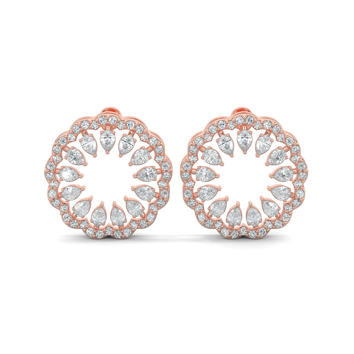 Rose Gold, Diamond Pendant, Natural Diamonds, Lab-grown Diamonds, blossom pendant set, flower pendant set, casual jewelry, round diamond border, pear diamond center, stud earrings, elegant jewelry set