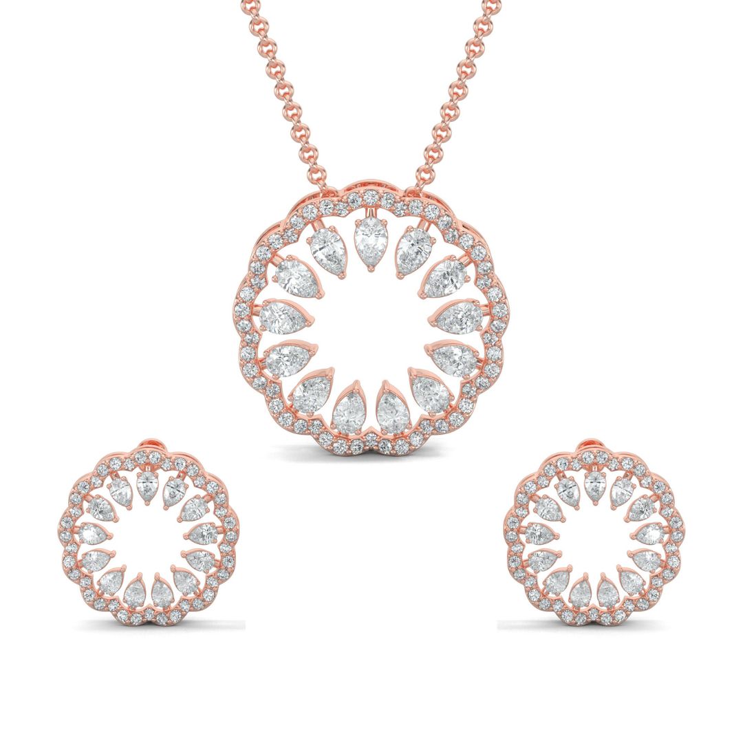 Rose Gold, Diamond Pendant, Natural Diamonds, Lab-grown Diamonds, blossom pendant set, flower pendant set, casual jewelry, round diamond border, pear diamond center, stud earrings, elegant jewelry set