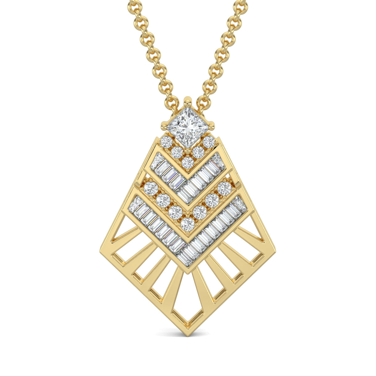Yellow Gold, Diamond Pendant, Natural Diamonds, Lab-grown Diamonds, Sky Soar Pendant Set, baguette diamonds, round diamonds, princess-cut diamond, casual pendant set, diamond jewelry