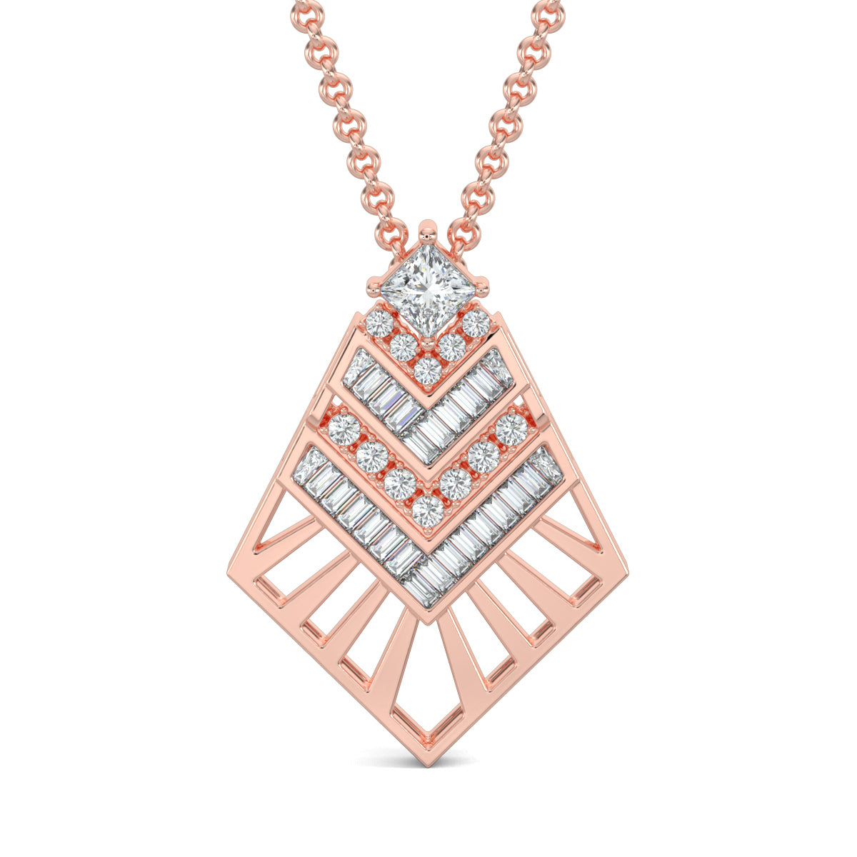 Rose Gold, Diamond Pendant, Natural Diamonds, Lab-grown Diamonds, Sky Soar Pendant Set, baguette diamonds, round diamonds, princess-cut diamond, casual pendant set, diamond jewelry